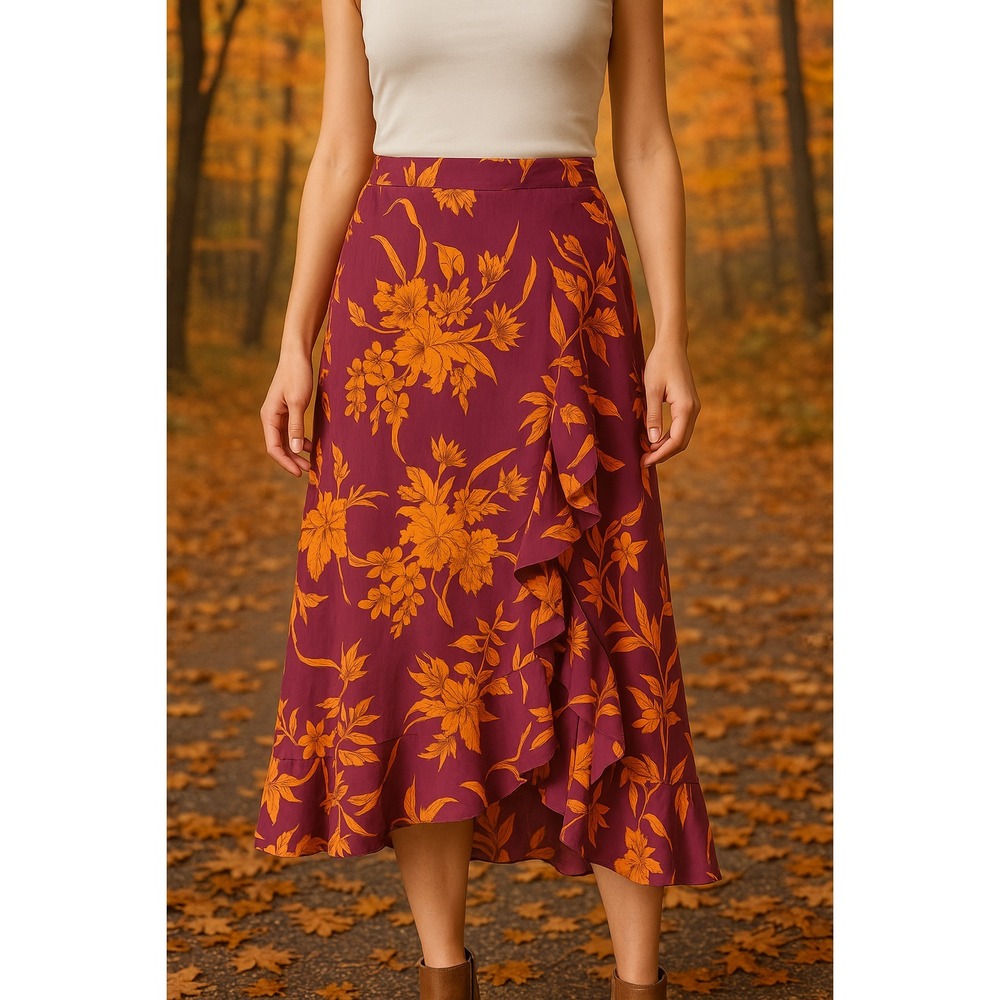 Toad & Co Skirt Tropical‎ Cascade Ruffle Goblincore Sustainable Autum Orange  XS